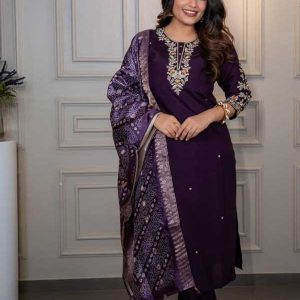 Dark Violet Designer Kurti Pant Dupatta Set