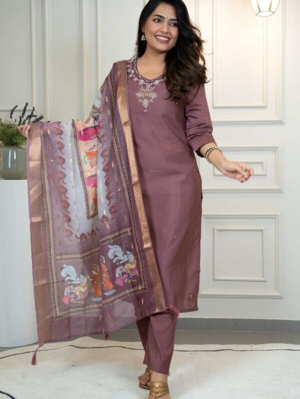 mauve-silk-kurta-set-with-kalamkari-print-dupatta